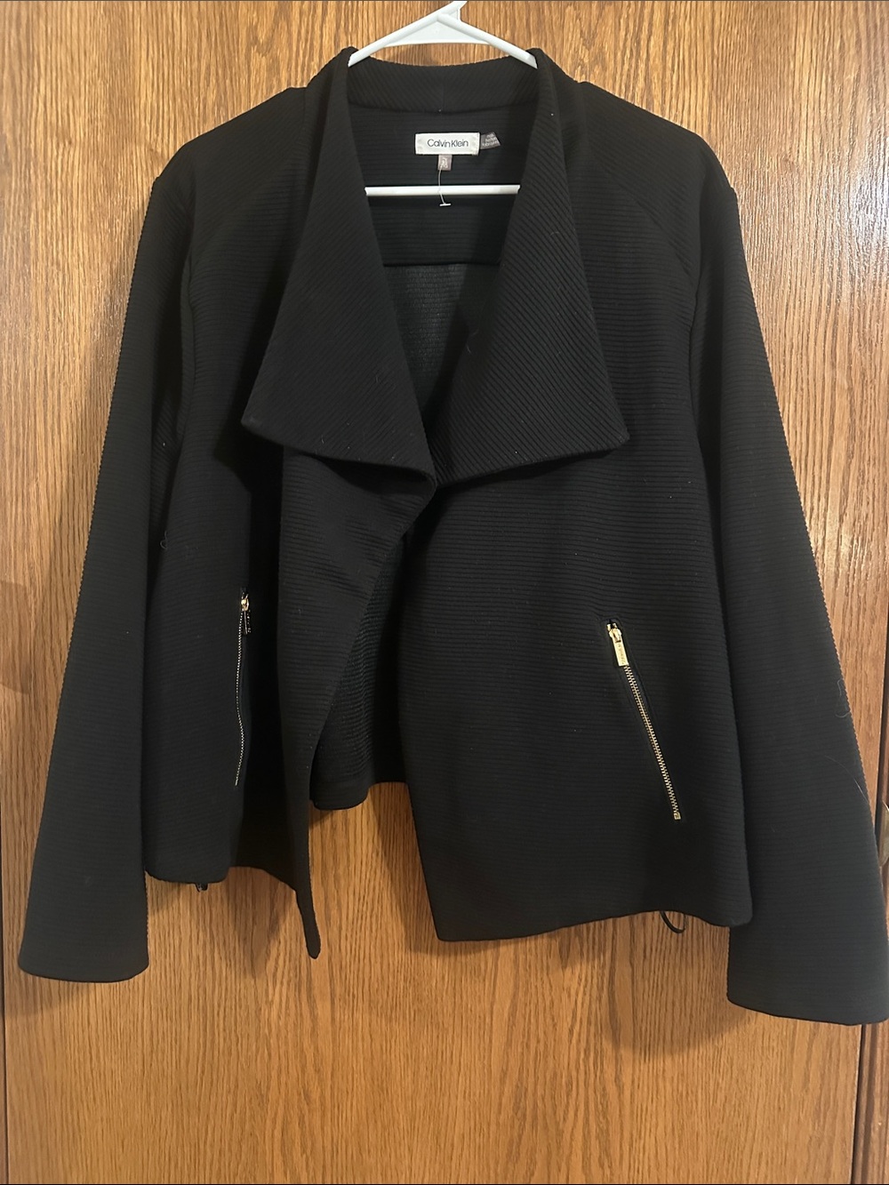 Calvin Klein Black Open-Front Draped Blazer with Gold Zippers